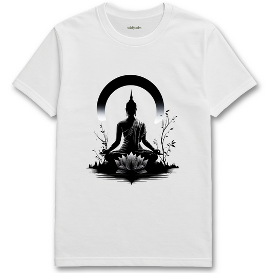 Buddha Calm Pose White t-shirt with black Buddha design on a white background for yoga