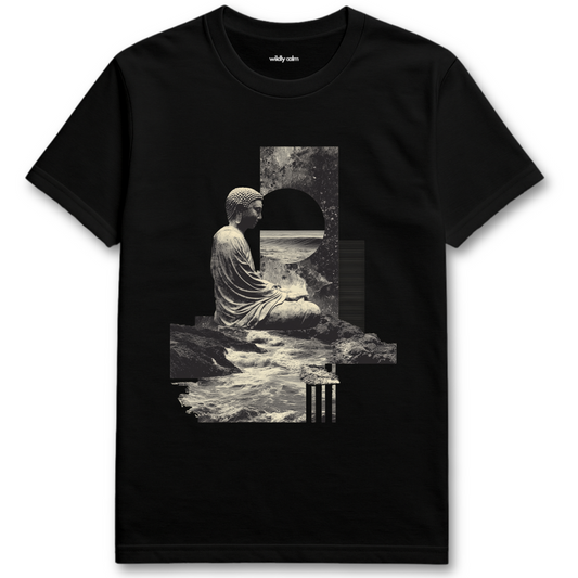 Buddha Collage Black t-shirt with a Buddha statue graphic on a white background for yoga