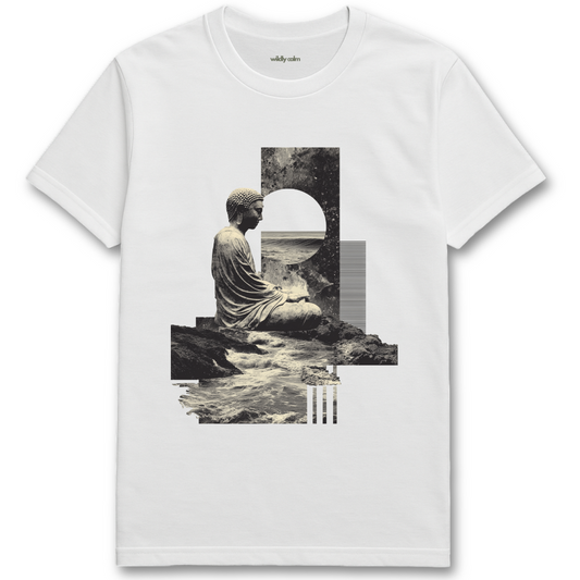 Buddha Collage White t-shirt with a Buddha statue graphic on a white background for yoga