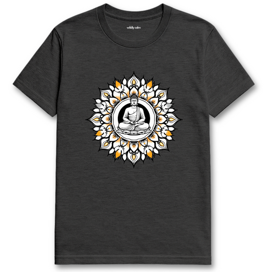 Buddha Mandala_Heather dark grey t-shirt with a Buddha graphic design on a white background for yoga - wildly calm
