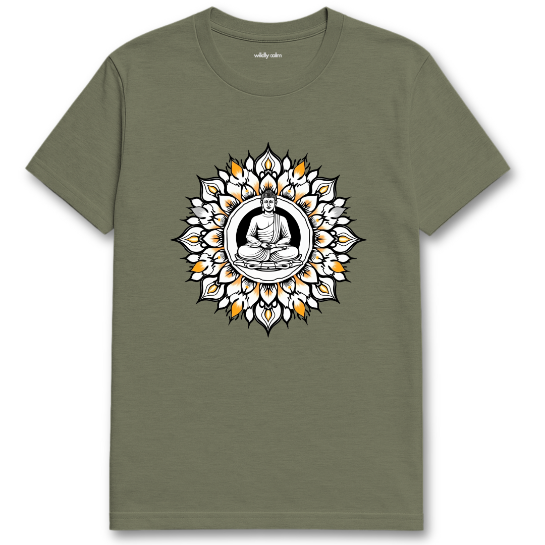 Buddha Mandala_Heather Military green t-shirt with a Buddha graphic design on a white background for yoga - wildly calm