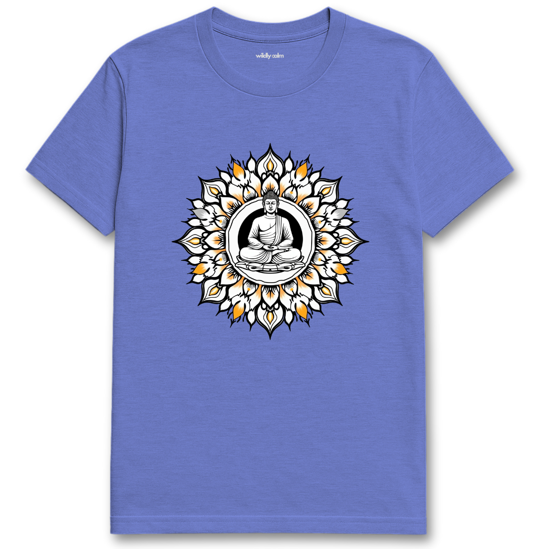 Buddha Mandala_HeatherRoyal t-shirt with a Buddha graphic design on a white background for yoga - wildly calm