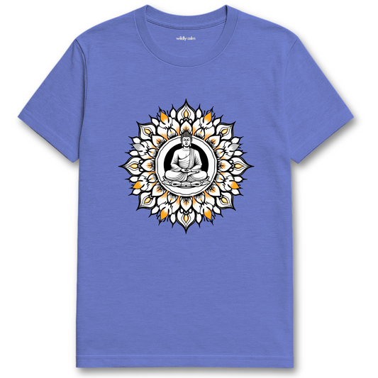 Buddha Mandala_HeatherRoyal t-shirt with a Buddha graphic design on a white background for yoga - wildly calm