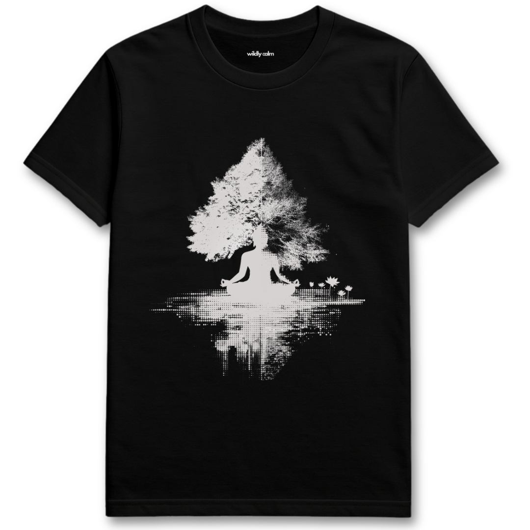 Buddha Meditating under Tree Black t-shirt with a white tree and buddha design on a white background for yoga