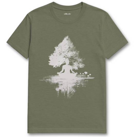Buddha Meditating under Heather Military Green t-shirt with a white tree and buddha design on a white background for yoga