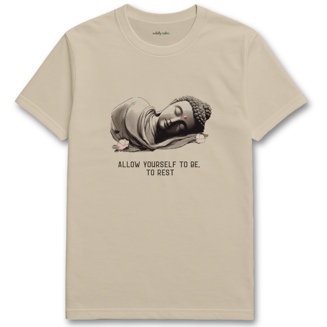 Buddha Rest_sand/ beige t-shirt with Buddha graphic and text 'Allow yourself to be, to rest' on a white background for yoga - wildly calm