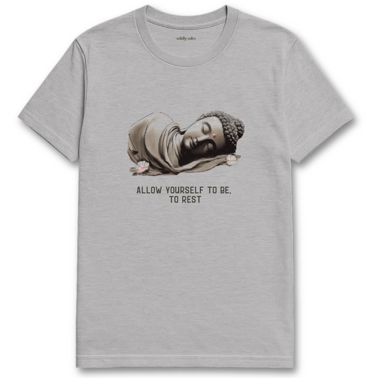 Buddha Rest_Sports Grey t-shirt with Buddha graphic and text 'Allow yourself to be, to rest' on a white background for yoga - wildly calm