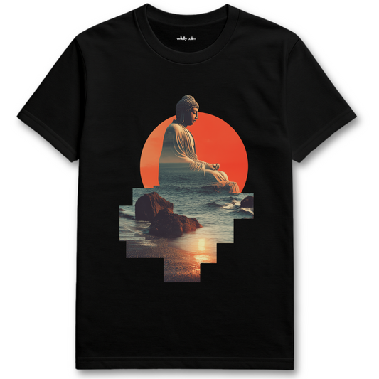 Buddha Seacollage Black t-shirt with a graphic of a buddha sitting by a sunset over water on a white background for yoga