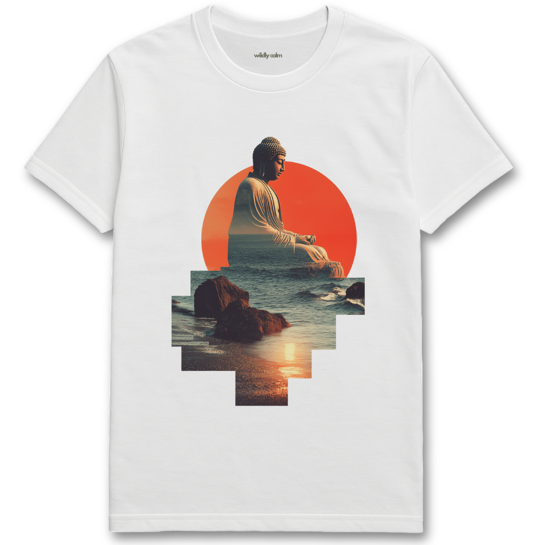 Buddha Sea collage white t-shirt with a graphic of a buddha sitting by a sunset over water on a white background for yoga