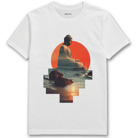 Buddha Sea collage white t-shirt with a graphic of a buddha sitting by a sunset over water on a white background for yoga