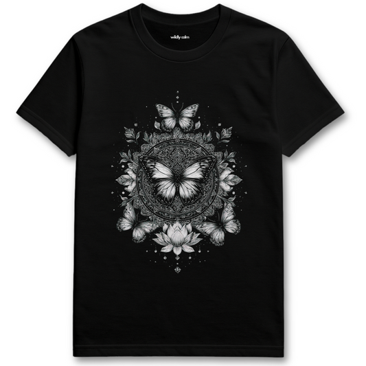 Wildly Calm_Butterfly Cosmic Mandala Black yoga t-shirt with butterfly and floral design on a white background