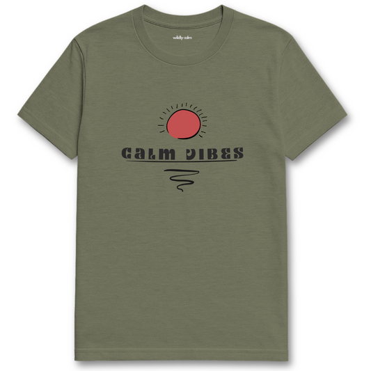 Heather military green yoga t-shirt with 'Calm Vibes' graphic -wildly calm
