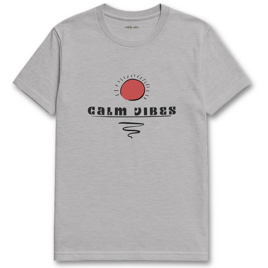 sports Gray yoga t-shirt with 'Calm Vibes' graphic -wildly calm