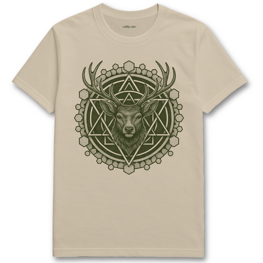 Wildly Calm_Celestial Stag Mandala_sand/ beige t-shirt with a deer head design featuring geometric shapes on a white background
