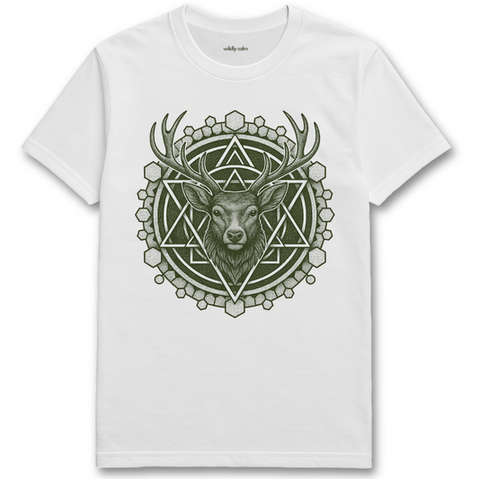 Wildly Calm_Celestial Stag Mandala_White t-shirt with a deer head design featuring geometric shapes on a white background