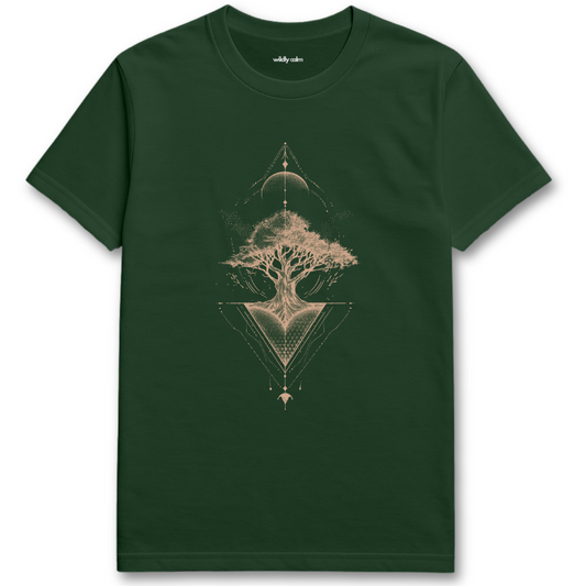 Celestial Tree of Life_forest green yoga t-shirt with a tree design in a triangle- wildly calm