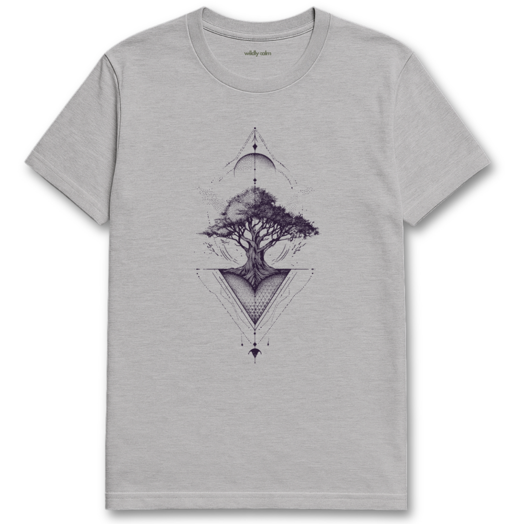 Celestial Tree of Life_Sports Grey yoga t-shirt with a tree design in a triangle- wildly calm