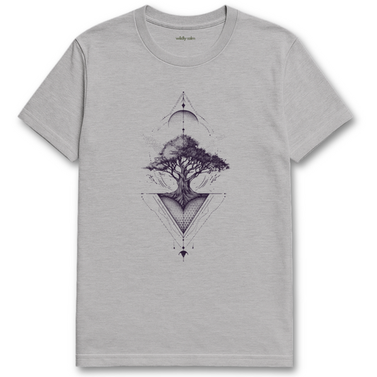 Celestial Tree of Life_Sports Grey yoga t-shirt with a tree design in a triangle- wildly calm
