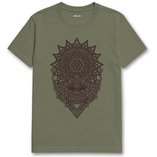 Wildly Calm_Chakra Convergence Mandala_Heather Military green t-shirt with a black mandala design on a white background