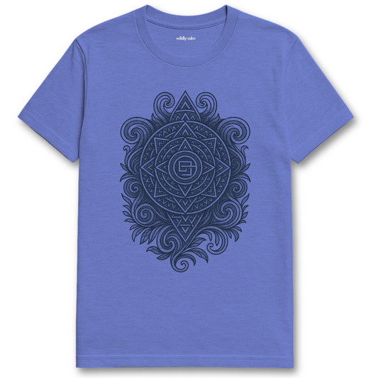 Wildly Calm_Chakra Convergence Mandala_Heather Royal Blue t-shirt with a black geometric design on a white background