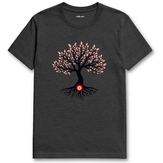 Cherry Radiance_Heather Dark Grey yoga t-shirt with a tree design featuring pink leaves and a red heart at the base - wildly calm