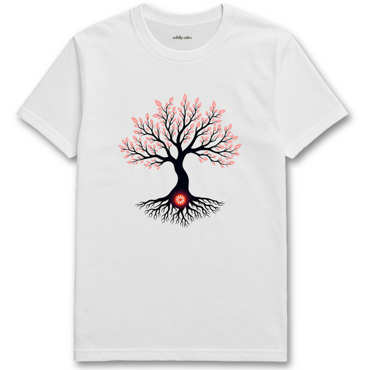 Cherry Radiance White yoga t-shirt with a tree design featuring pink leaves and a red heart at the base - wildly calm