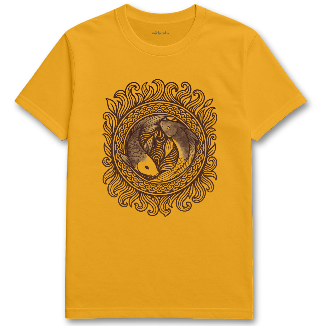 Wildly Calm_Circle of the Twin Streams Mandala_Gold t-shirt with a black fish design on a white background