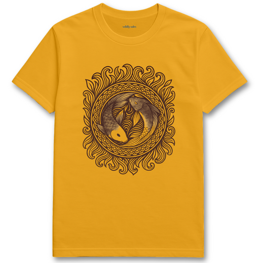 Wildly Calm_Circle of the Twin Streams Mandala_Gold t-shirt with a black fish design on a white background