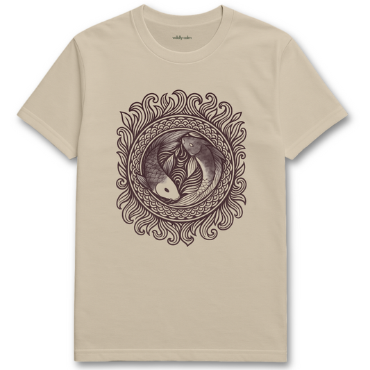 Wildly Calm_Circle of the Twin Streams Mandala_sand/ beige t-shirt with a black fish design on a white 