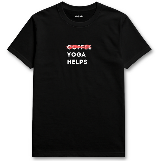 Coffee-Yoga Helps Black yoga t-shirt with 'Coffee Yoga Helps' text - wildly calm