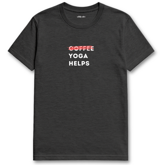 Coffee-Yoga Helps Heather Dark Grey yoga t-shirt with 'Coffee Yoga Helps' text - wildly calm