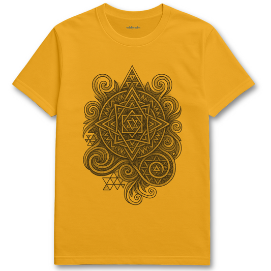 Wildly Calm_Cosmic Compass Mandala_Gold yoga t-shirt with black geometric design on a white background
