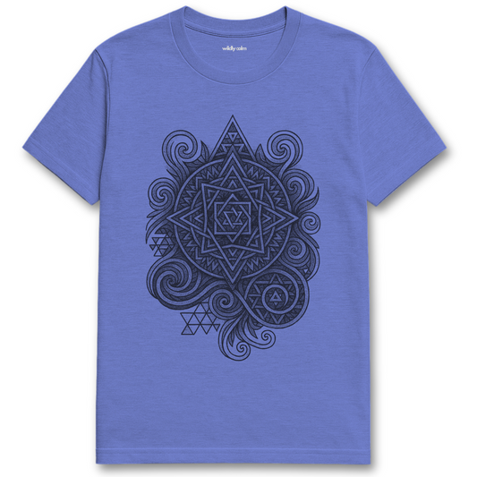 Wildly Calm_Cosmic Compass Mandala_Heather royal blue yoga t-shirt with black geometric design on a white background