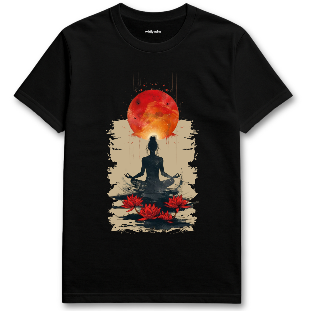 Black t-shirt with a meditating figure and crimson moon design on a white background