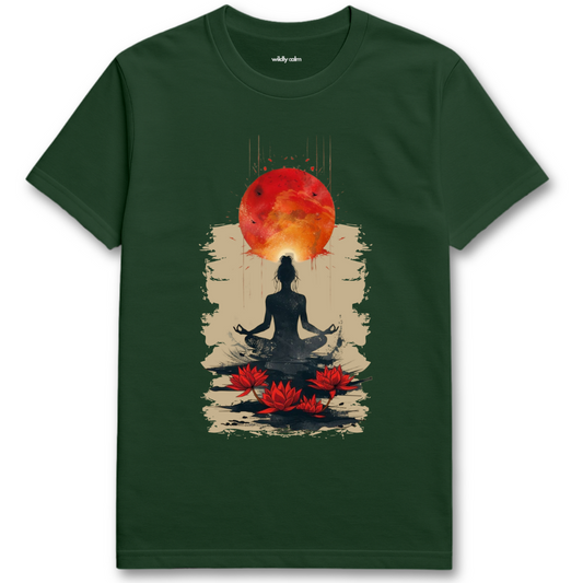 Forest Green t-shirt with a meditating figure and crimson moon design on a white background
