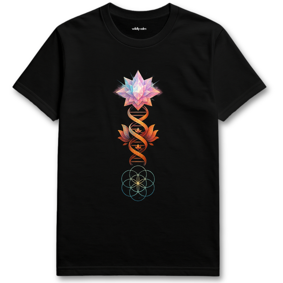 Black Crystal Lotus Helix t-shirt with a colorful geometric design on a white background for yoga - Wildly Calm
