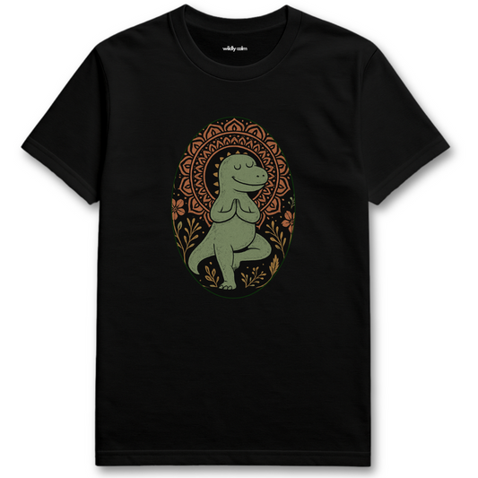 Black yoga t-shirt with a green dinosaur design - wildly calm