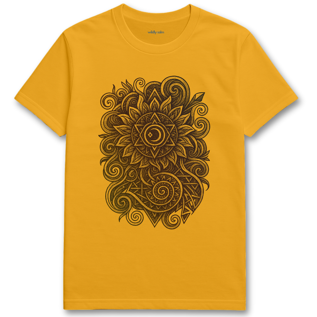 Wildly Calm_Divine Resonance Mandala_gold yoga t-shirt with a black intricate design on a white background