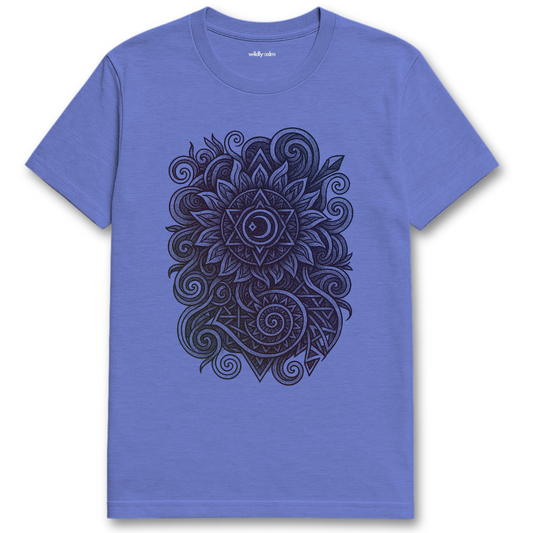 Wildly Calm_Divine Resonance Mandala_heather royal blue yoga t-shirt with a black intricate design on a white background