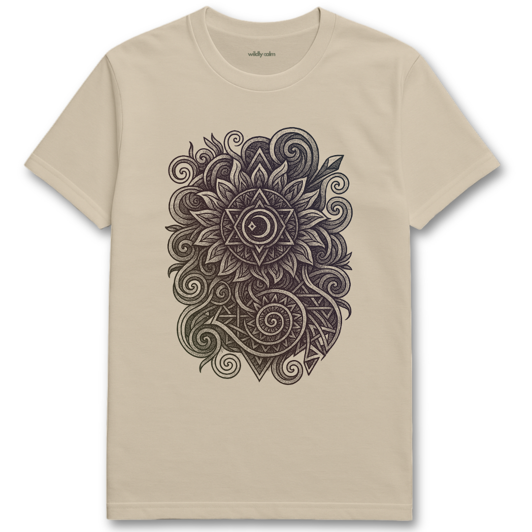 Wildly Calm_Divine Resonance Mandala_Sand/ Beige yoga t-shirt with a black intricate design on a white background