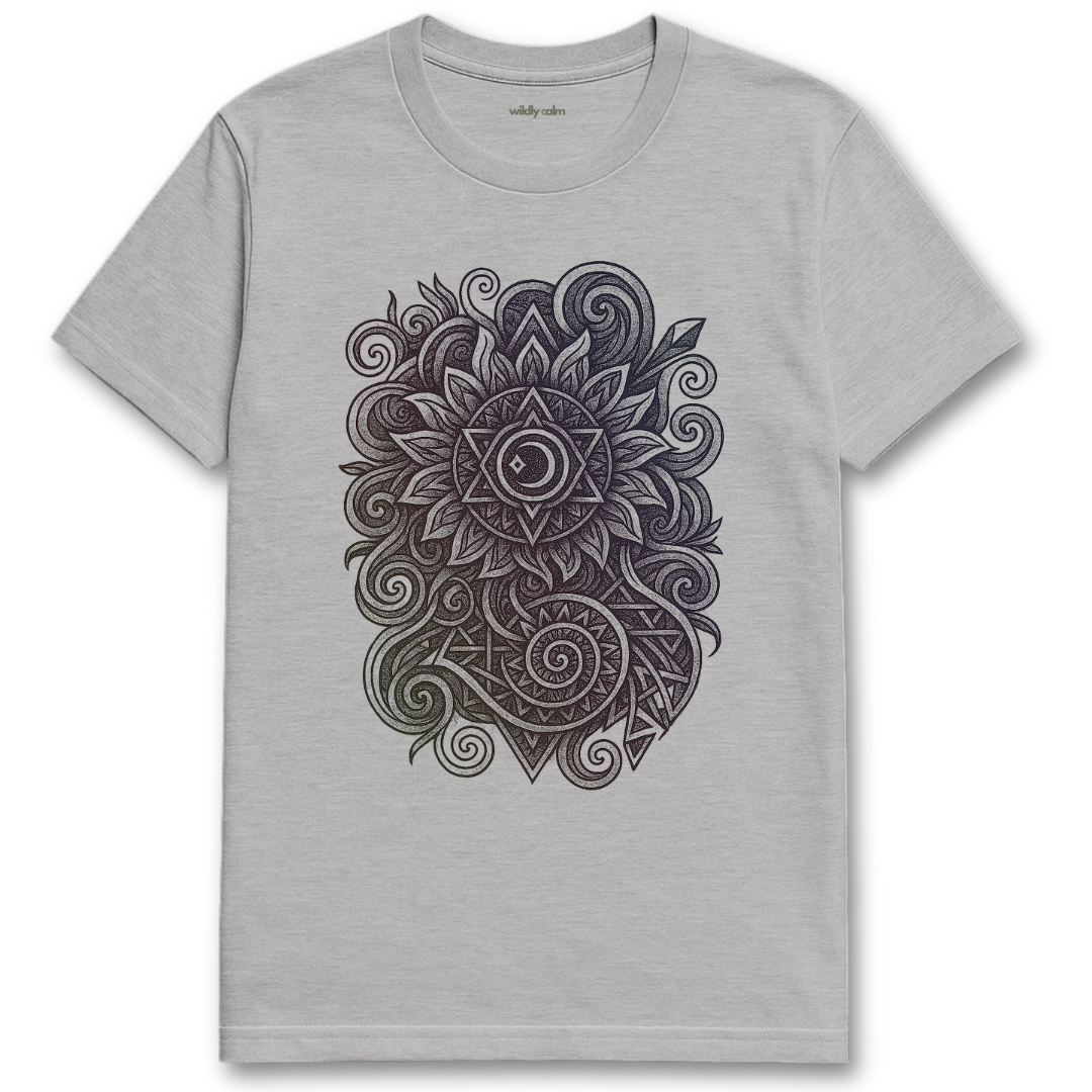 Wildly Calm_Divine Resonance Mandala_Sports grey yoga t-shirt with a black intricate design on a white background