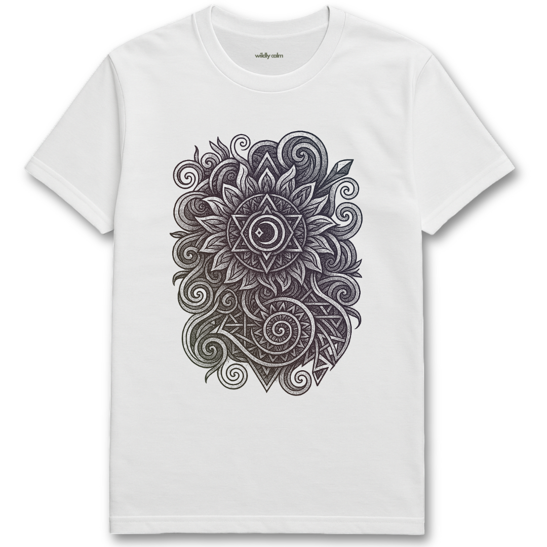 Wildly Calm_Divine Resonance Mandala_white yoga t-shirt with a black intricate design on a white background