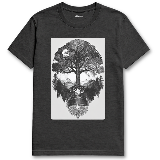 Earthbound Essence_Heather dark grey t-shirt with a nature-themed graphic - wildly calm