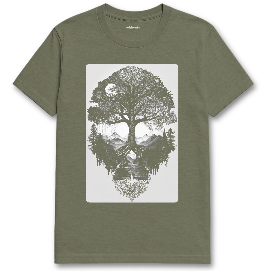 Earthbound Essence_Heather Military Green t-shirt with a nature-themed graphic - wildly calm