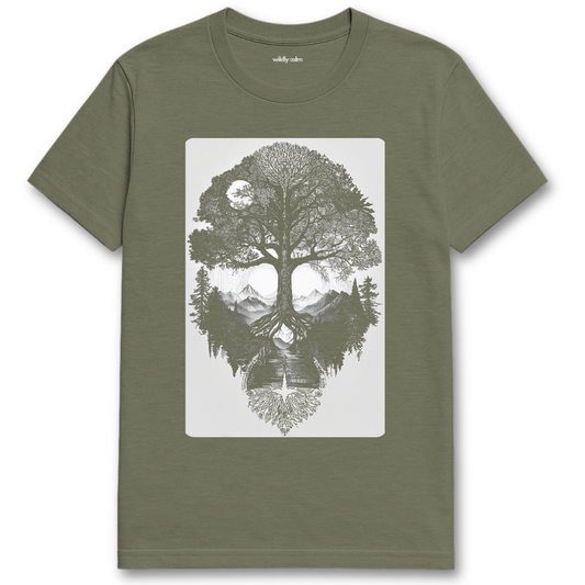 Earthbound Essence_Heather Military Green t-shirt with a nature-themed graphic - wildly calm