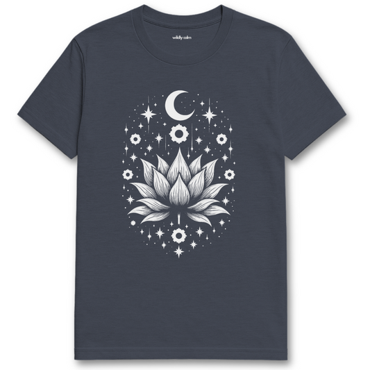Enchanting Lotus_Heather Navy t-shirt with a white lotus flower and celestial design for Yoga - Wildly Calm