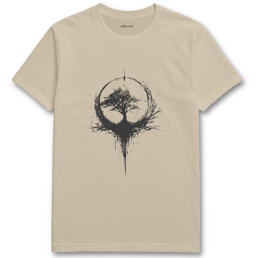 Enzo Ink Tree Beige/sandyoga  t-shirt with black ink tree design - wildly calm