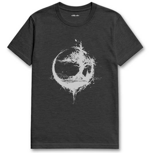 Enzo Tree Nature Heather Dark Grey yoga t-shirt with a blue tree design - wildly calm