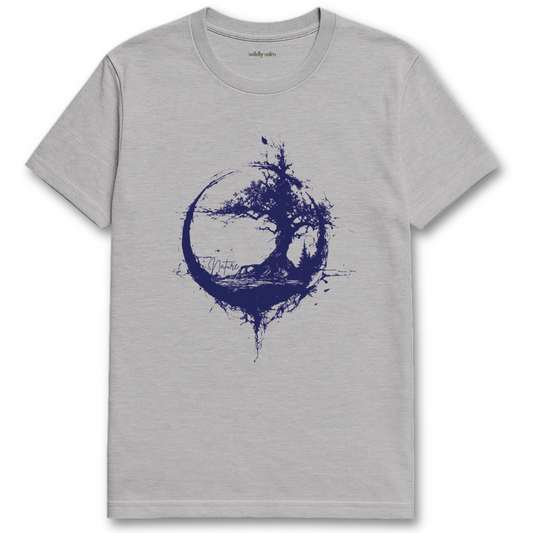 Enzo Tree Nature Sports Grey yoga t-shirt with a blue tree design - wildly calm