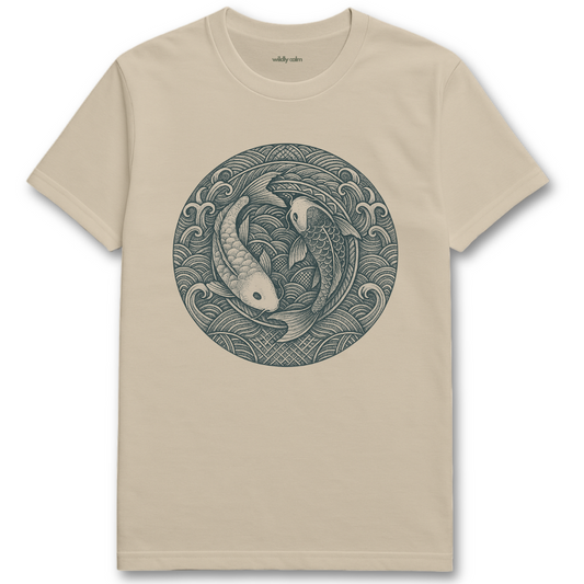 Eternal Koi Harmony Mandala sand yoga t-shirt with a black and white fish design on a white background